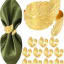 Gold Napkin Rings, Shiny Metal Napkin Rings Set of 12, Study Leaf Shaped Table Decor, Stylish Fall Napkin Ring Bulk for Christmas, Easter, Wedding, Party, Elegant Table Settings Gift Ideas (Two Leaves)