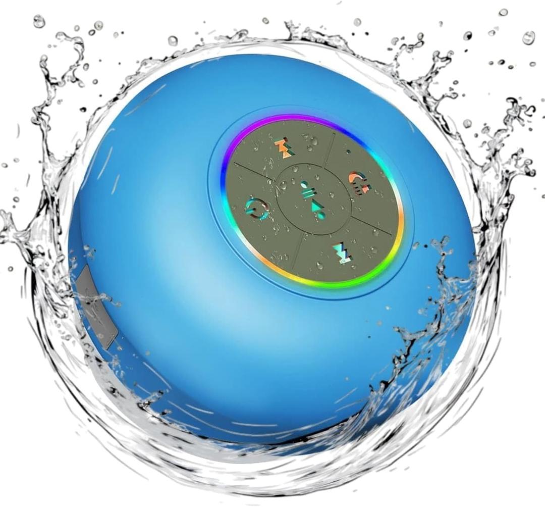 Waterproof Bluetooth Shower Speaker with LED, IPX4 Portable Wireless Hands-Free Mini Speaker, Built-in Mic, Suction Cup (Blue)