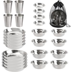 TOPZEA Set of 26 Stainless Steel Camping Plates and Bowls, Camping Mess Kits Camping Dish Set Tableware includes Plates, Bowl, Cups, Stainless Steel Dinnerware for Camping, Hiking, Travel, Picnic