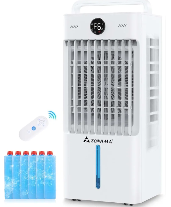 Swamp Cooler, 3-IN-1 Evaporative Air Cooler with Display & Remote, Windowless Portable Air Conditioners with Ice Cooling, 12H Timer, 6 Speeds, 60° Oscillation, Air Cooler Fan for Home Office
