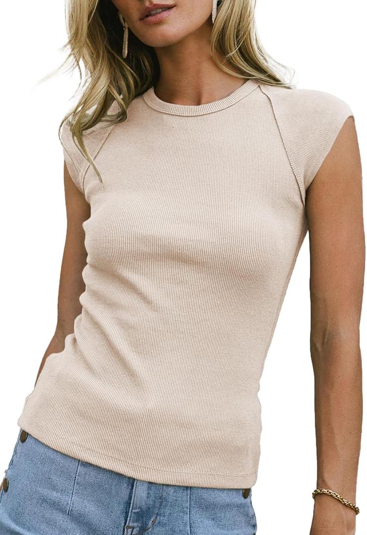 Sidefeel Womens Tops Casual Crewneck Cap Sleeve Tops Ribbed Raw Hem Summer T Shirts Slim Fit Basic Tees Blouses (S)