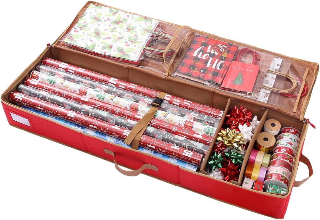 Sattiyrch Gift Wrapping Paper Storage containers,600D Oxford Fabric Christmas Ribbon Gift Bag Bows Storage Box,Holds up to 20 Rolls,42"W x 14"D x 5.5"H (Red)