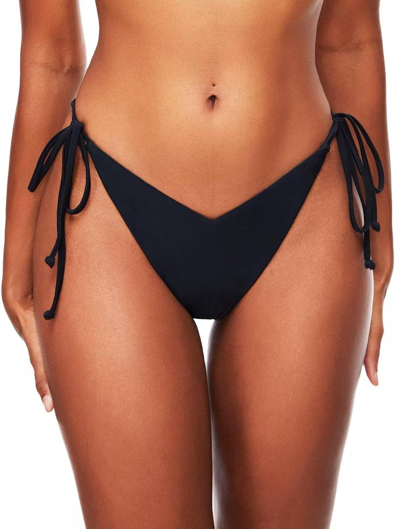 TZLDN Womens Bikini Bottoms Sexy Cheeky String Tie Side Brazilian V-Front V-Back Swimsuit Bathing Suit (Small, Black)