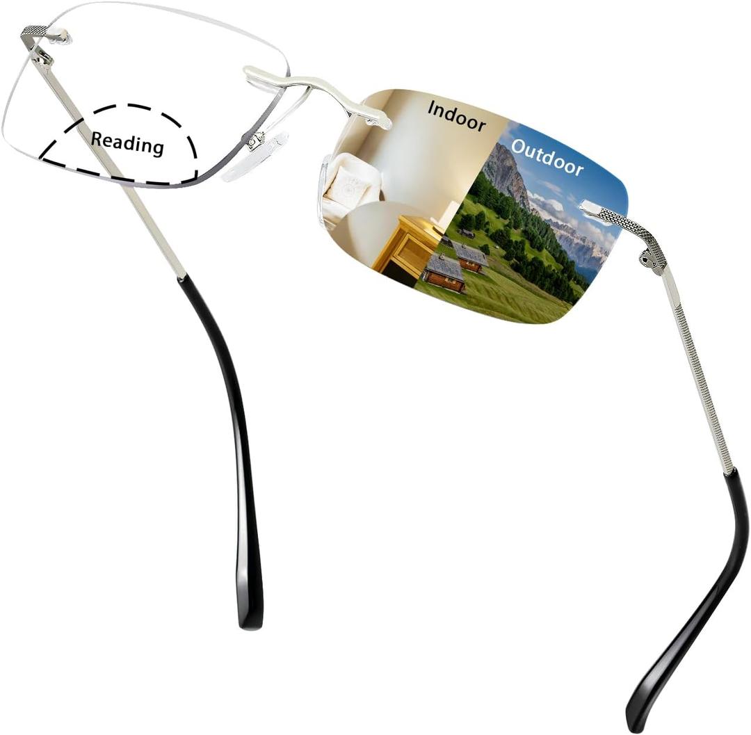 Rimless Bifocal Photochromic Reading Glasses Anti Blue Light Titanium Sunglasses Transition Reading Glasses (Silver)