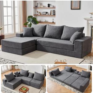 108'' Modular Sectional Couch, Modern 3-Seater Boneless Cloud Sleeper Sofa, L-Shaped Convertible Sectional with Non-Slip Bottom, No Assembly Required, Deep Seats Couch for Living Room, Grey