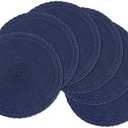SHACOS Round Placemats Set of 6 Braided Border Fabric Woven Table Mats Washable 15 inch Circle Place Mats for Dining Table, Navy Blue
