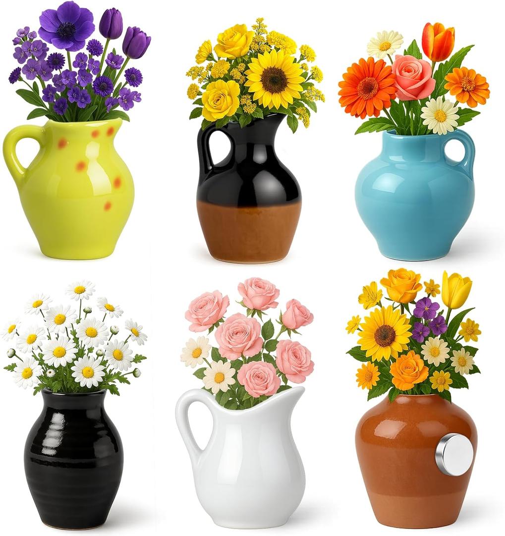 Juome Mini Vase Magnets for Fridge - 6PCS Cute Tiny Ceramic Magnet Vases for Flowers Plant, 3D Mini Magnetic Vases for Refrigerator Kitchen Locker Office Decoration (Include Flower)