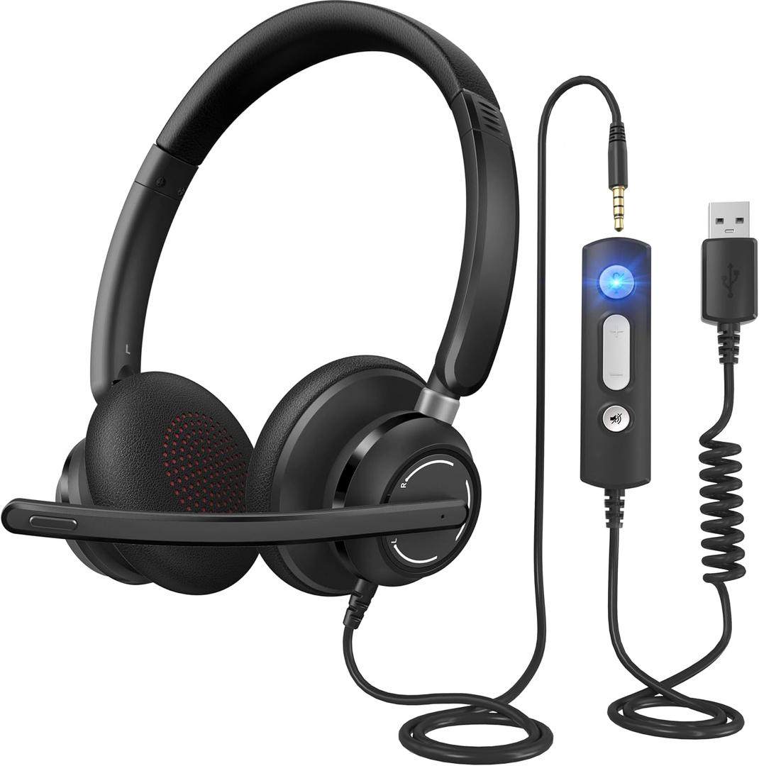Wired Headphones with Microphone for PC, On-Ear Computer Laptop USB Headset with Noise Cancelling Microphone in-line Control for Home Office Online Class Skype Zoom, (3.5mm + USB) (1 Count)