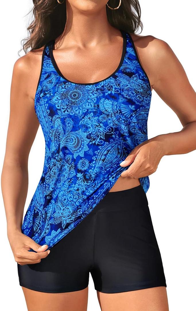 Yonique 2 Piece Tankini Swimsuits for Women with Boy Shorts Athletic Swim Tank Top Bathing Suits (Large, Blue Paisley)