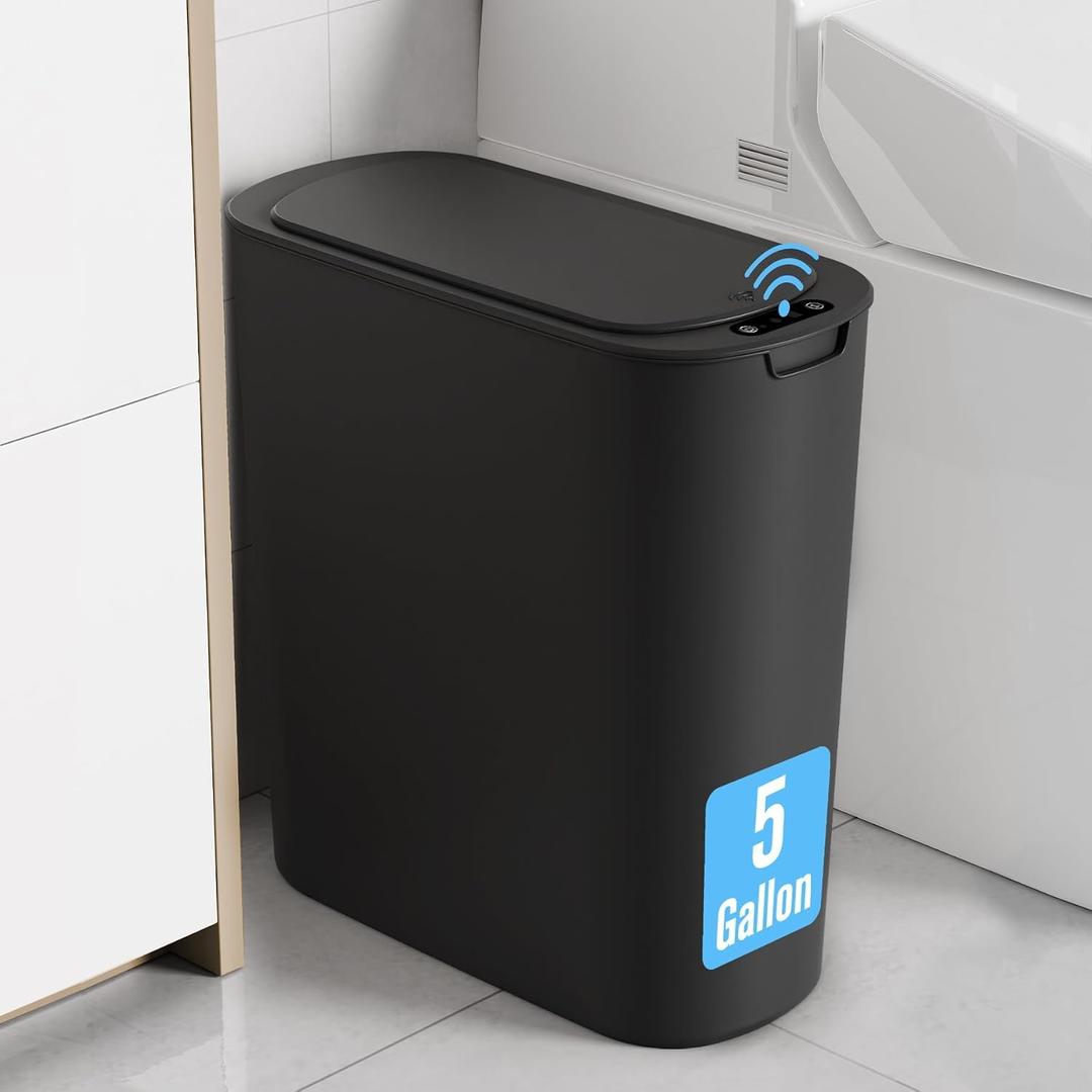 Cesun Motion Sensor Trash Can, 5 Gallon Automatic Bathroom Garbage Can with Lid, Touchless Smart Plastic Slim Wastebasket for Bathroom, Office, rv, Bedroom, Living Room, Black