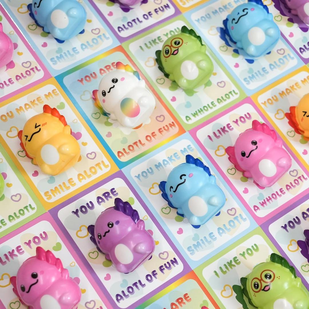 24 Piece Valentines Day Cards for Kids, Valentines Card with Axolotl Slow Squishy Toys for School Classroom Class, Valentine Gifts for Toddlers Boys Girls, Valentine's Gift Exchange Party Favor (1)