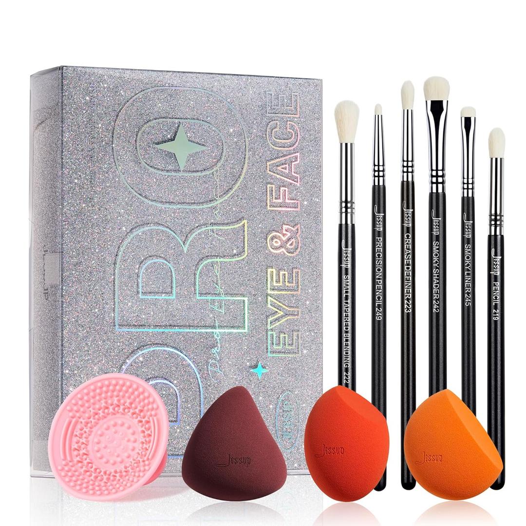 Jessup Makeup Sponge Set 3pcs, Eyeshadow Brush Set 6pcs, Makeup Brush Cleaner Mat and Makeup Box with Mirror Premium Beauty Tools for Flawless Application