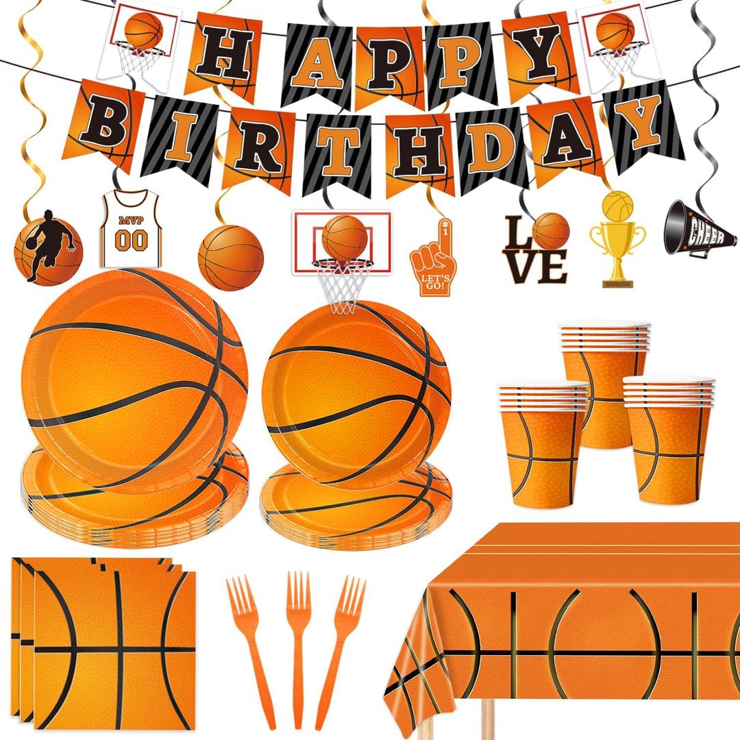 130 Pcs Basketball Party Supplies Basketball Party Decorations Plates Napkins Cups Forks Tablecloth Banner Hanging Swirl for Basketball Birthday Party Decorations, Serves 24 130 Pcs Basketball Party Supplies Basketball Party Decorations Plates Napkins Cups Forks Tablecloth Banner Hanging Swirl for Basketball Birthday Party Decorations, Serves 24