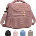 Lunch Bag Women, Double Deck Insulated Lunch Box - Large Capacity 12L with Detachable Divider for Tall Items, Leakproof, Durable & Reusable Cooler Bag For Work Picnic Travel, Quilted Pink