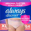 Always Discreet Adult Incontinence Underwear for Women and Postpartum Underwear, XL, Up to 100% Bladder Leak Protection, 64 Count (Packaging May Vary)