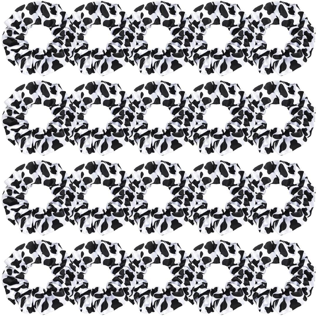 WILLBOND 20 Pieces Cow Print Scrunchies Women Elastic Silk Satin Scrunchies Cow Hair Ties Hairband Ponytail Holder for Player Team Party Hair Gift Accessories(Black)