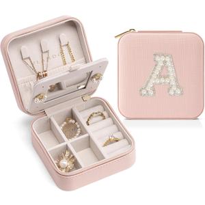 Vlando Mothers Day Gifts, Travel Jewelry Case for Women, Travel Gifts, Travel Essentials Small Jewelry Box, Jewelry Travel Organizer for Teen Girls Kids Graduation Gifts- Letter A, Pink