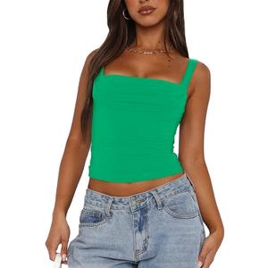 ForeFair Women Backless Ruched Tank Tops Sleeveless Square Neck Going Out Top Strappy Tight Slim Fit Cute Crop Top XS