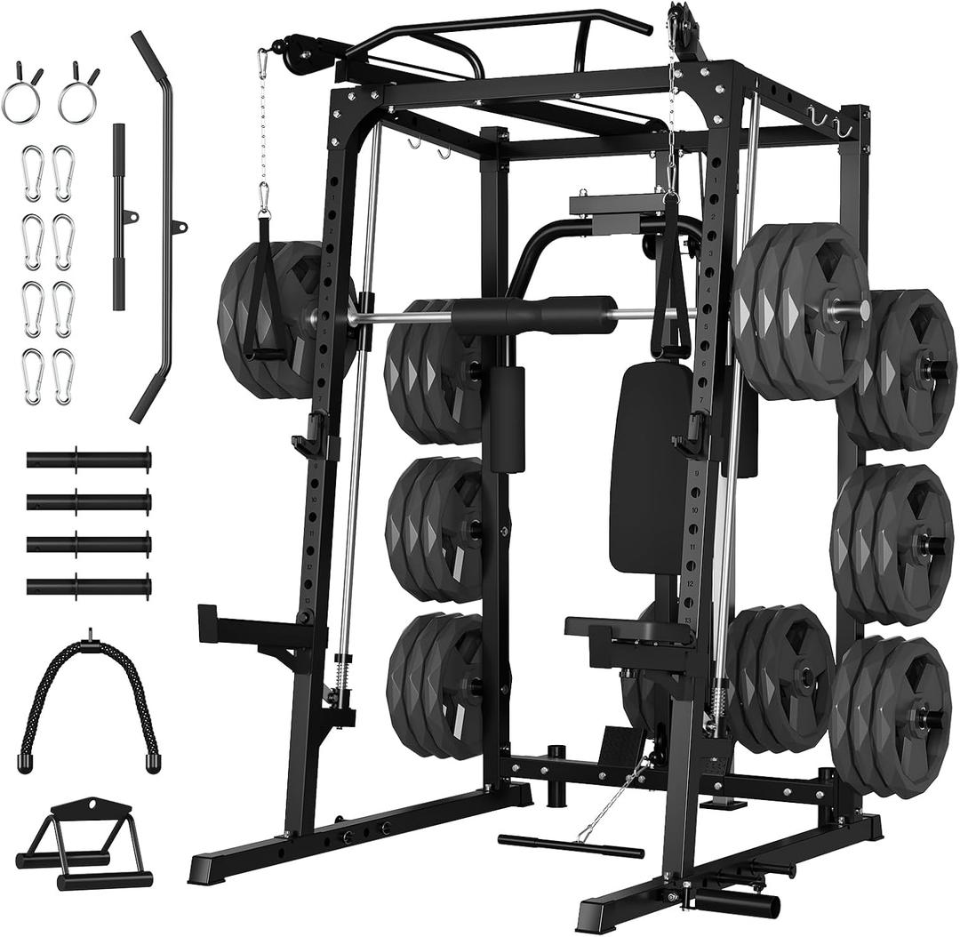 GarveeLife Smith Machine, 2000LBS Squat Rack for Home Gym, Multi-Function Power Cage Cable Crossover System Strength Training Equipment, Lat Pulldown Machines with 8 Weight Storage Pin, T-Bar and More