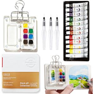 Mini Watercolor Paint Set Portable, Travel Grid Paint Palette Box with Binder Clips Include 12 Colours, Brush*3 and Picture Album Art Materials Coloring Markers for Travel, Creative Drawing Kit for Beginners and Art Enthusiasts (White Acrylic 12 Colors)