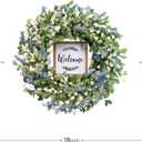 Artificial Blue Wreath for Front Door, 20 inch Artificial Leaves and White Flowers Wreath with Welcome Sign, Spring Greenery Wreaths for Front Door Wall Window Festival Decor