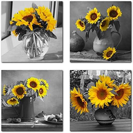 Rtriel Sunflower Canvas Wall Art Yellow Floral Pictures Blossom Flowers Black and White Painting Prints 4 Panel Bathroom Bedroom Living Room Decor 12 x 12 Inches