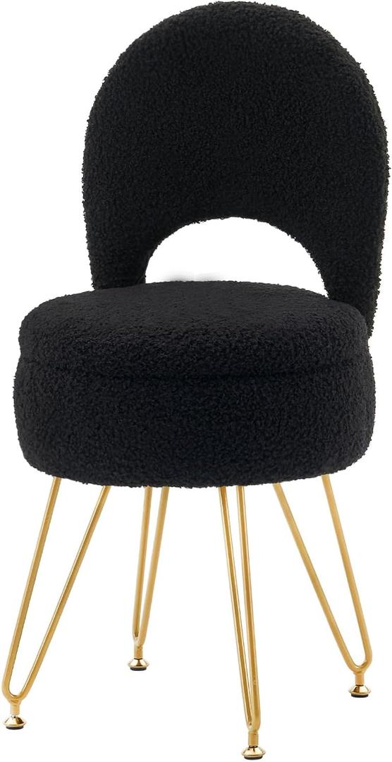 Storage Ottoman Vanity Stool Chair with Folding Back Teddy Velvet Makeup Chair Multifunctional Upholstered Footstool,4 Metal Legs with Anti-Slip Feet for Bedroom Living Room Entryway (Black)