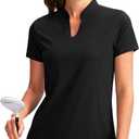 Obla Women's Golf Polo Shirt V-Neck Short Sleeve Collarless Quick Dry Tennis Running T Shirt Golf Tops for Women (Medium, Black)