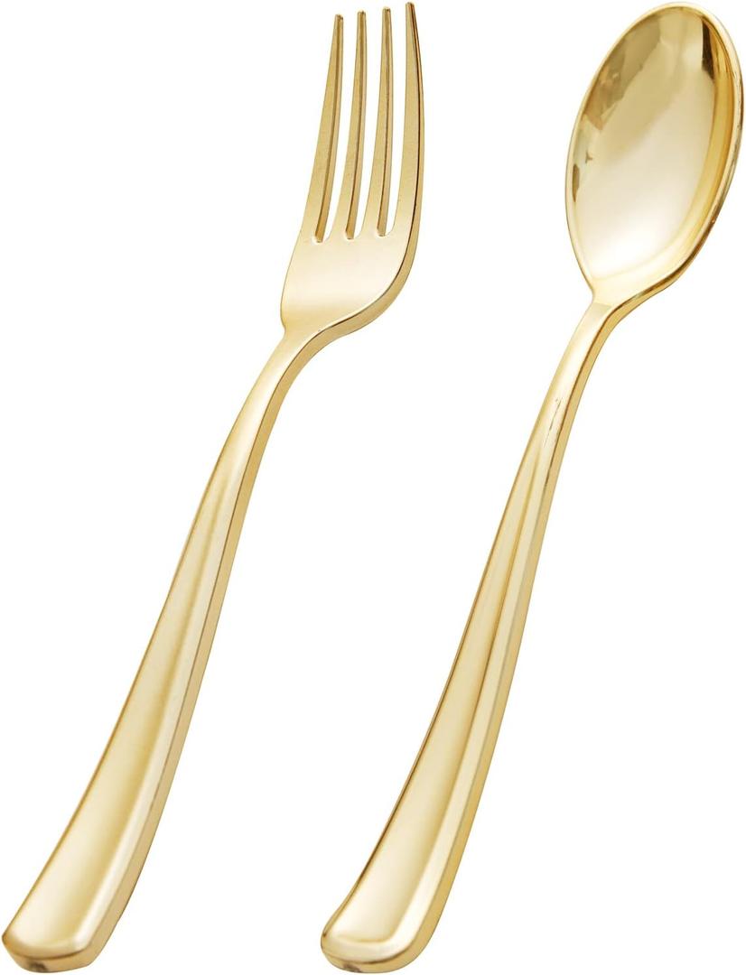 BUCLA 200-Piece Heavy Duty Disposable Cutlery Set - 100 Gold Plastic Forks, 100 Gold Plastic Spoons for Catering, Parties, Dinners, Weddings (Gold)