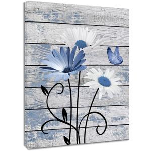 HVEST Farmhouse Floral Wall Art for Living Room, Blue and White Daisy Flower and Butterfly on Rustic Wood Board Canvas Wall Art Framed Artwork Ready to Hang for Bathroom Bedroom Decor, 16L X 12W