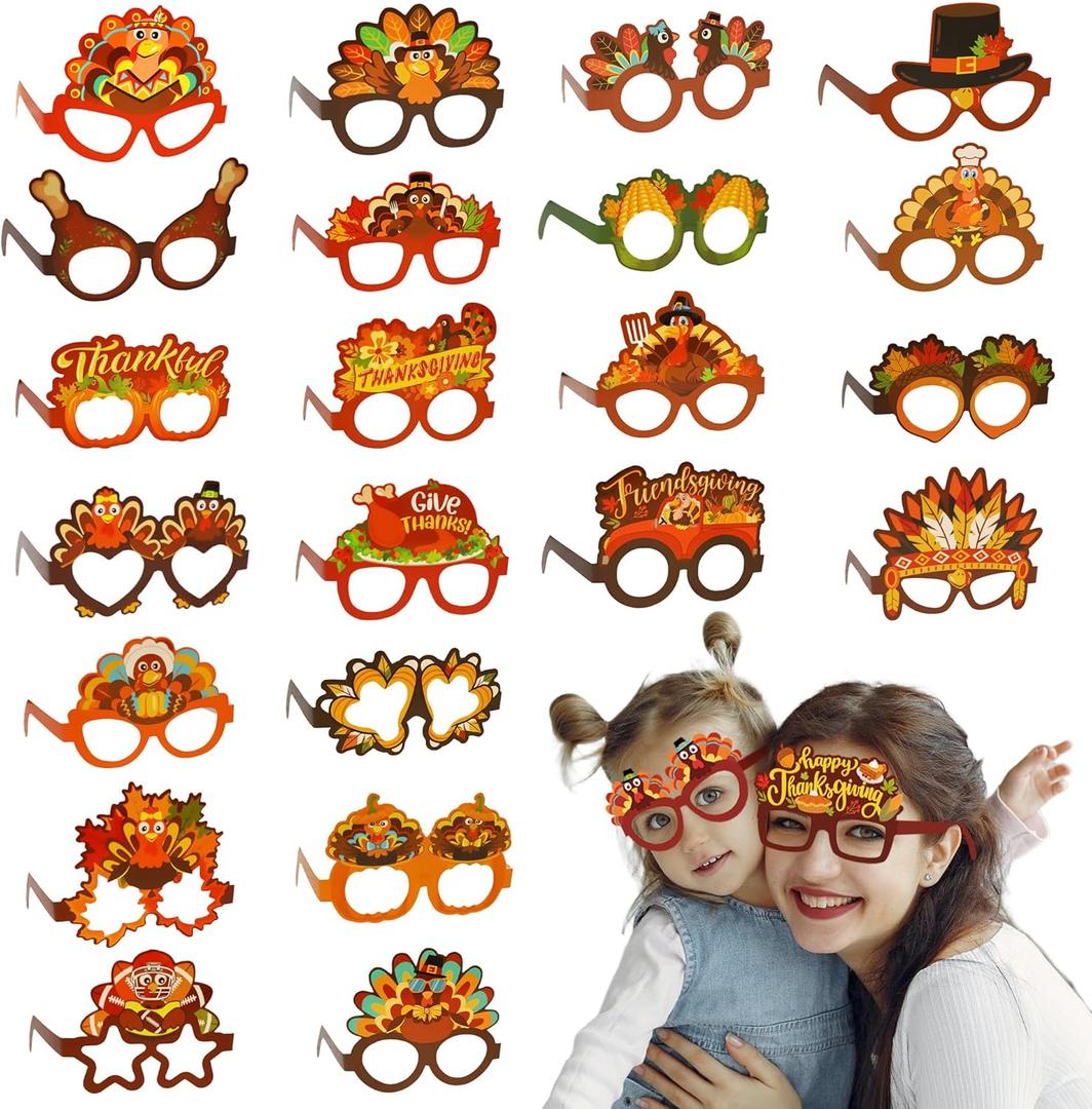 Fall Thanksgiving Party favors, 24 PCS Thanksgiving Paper Glasses,Turkey Glasses for Adults,Funny Friendsgiving Holiday Eyeglasses,Pumpkin Maple Leaves Eyewear Frame Photo Props Party Decorations