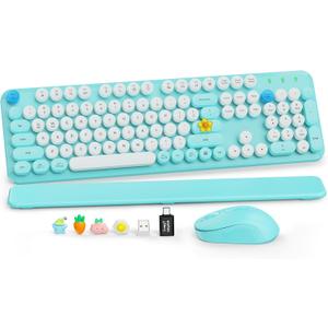 Wireless Keyboard and Mouse Combo, Full-Size Retro Typewriter Keyboard with Round Keycaps, Magnetic Wrist Rest, Tilt Legs, 2.4GHz Cordless for Mac, Windows PC, Laptop, SABLUTE CK23, Robin Egg Blue