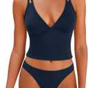 ZAFUL Tankini Swimsuits for Women V Neck Dual Straps Cropped Bikini Swimsuit High Cut 2 Pieces Bathing Suit (Blue, M)