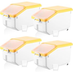 Sunnyray 4 Pcs Rice Storage Containers Bulk Flour Sugar Container Wheels Measuring Cups Set Airtight Pet Dog Cat Birds Food Bin Grain Cereal Organizer Box for Dry Baking(Yellow,22 lb)
