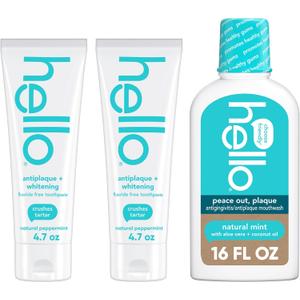 hello Antiplaque Fluoride Free Whitening Toothpaste and Peace Out Plaque Alcohol Free Mouthwash Pack, Includes Two 4.7 Oz Whitening Toothpastes and One 16 Fl Oz Fluoride Free Mouthwash
