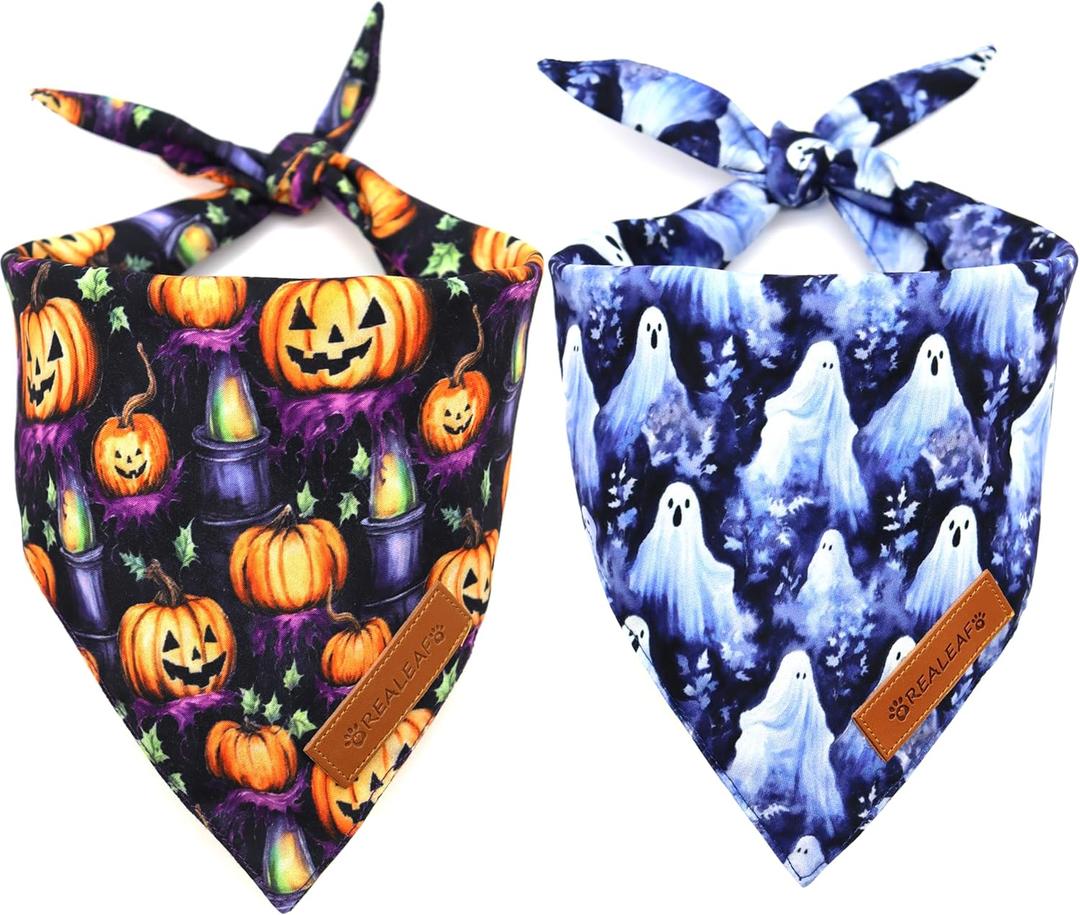 Realeaf Halloween Dog Bandanas 2 Pack, Pumpkins and Ghosts Pet Scarf for Boy and Girl, Premium Durable Fabric, Holiday Bandana for Medium and Large Dogs Pets (Large)