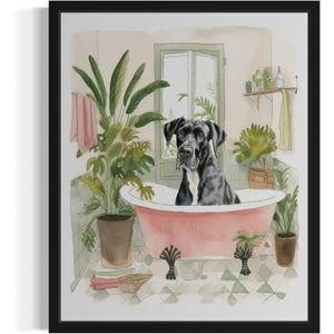 Great Dane in Bathtub Wall Art Poster Print, Animal Bathtub Restroom Wall Art Painting for Bathroom Decor Gallery Gallery 30 (Great Dane in Bathtub, 14" L x 11" W, Black Frame)