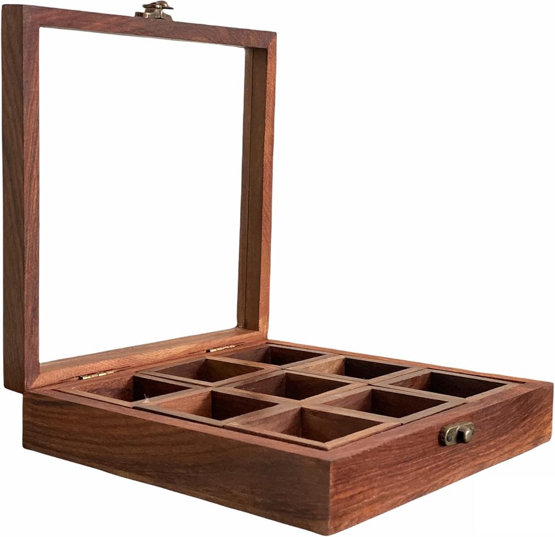 Wooden Masala Dabba Spice Storage Box With Glass Lid on Top 9 removable Containers And Spoon For Kitchen Wooden Indian Spice Box With Spoon (50 ML Each, Sheesham Wood) Masala Dabba (9 Fixed Compartments with 1 Spoon - 8")