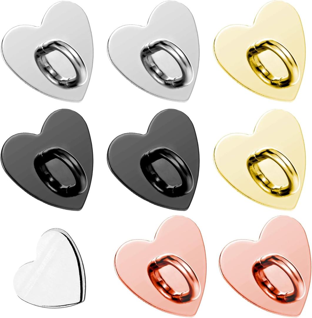 8 Pcs Cell Phone Finger Ring, Adhesive Metal Phone Finger Grip Hook Heart Phone Grip Loop Stand Phone Charm Hook for DIY Phone Case Pad Tablet Supplies (Four Colors) (Gold+silver+black+rose gold)
