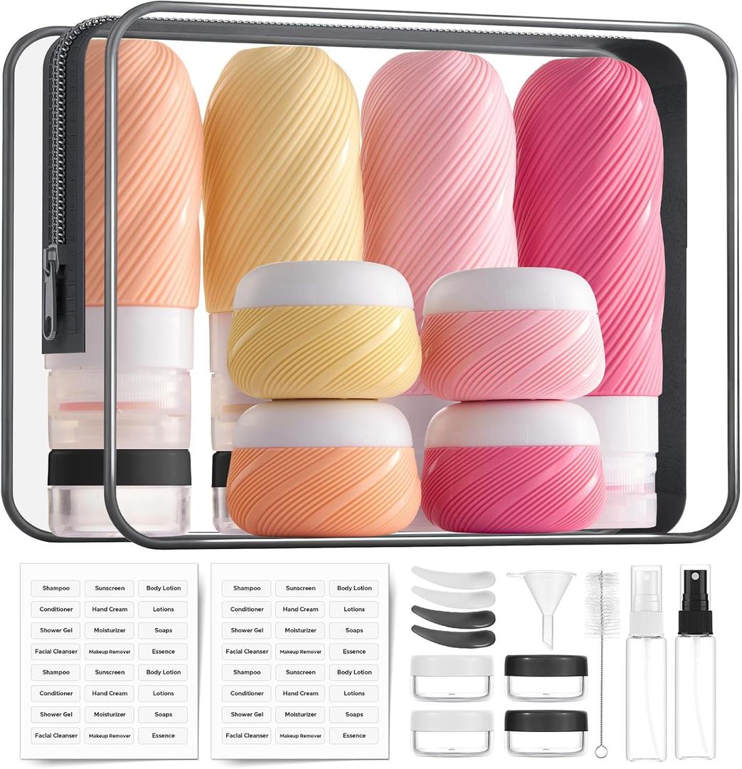 LitBear 23 Pack TSA Approved Travel Bottles for Toiletries, Leak Proof Refillable Travel Size Containers Kit with Silicone Squeezable Bottles Jars for Shampoo Lotion Conditioner, in Clear Bag, Pink