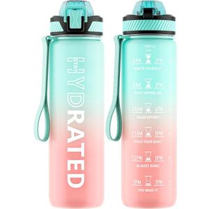 Water Bottle with Straw, 32oz Motivational Water Bottles with Time Marker to Drink, Tritan BPA Free, 1L Sports Water Bottle with Carry Strap LeakProof for Women Gym Fitness Outdoor (1 Pack) (Green Pink)