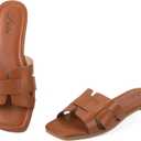 Putu Women's Flat Sandals Dressy Summer Sandals Strappy Slides with Square Open Toe (5.5, Brown)