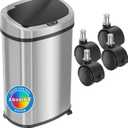 iTouchless SensorCan 50 Liter / 13 Gallon Kitchen Trash Can with Wheels & Odor Filter  Mobile Motion Sensor Stainless Steel Garbage Bin for Home, Office, Garage, Slim Oval Shape Large Capacity Design (Light Silver, Solid Black 13 Gal / Battery-AC Optional)