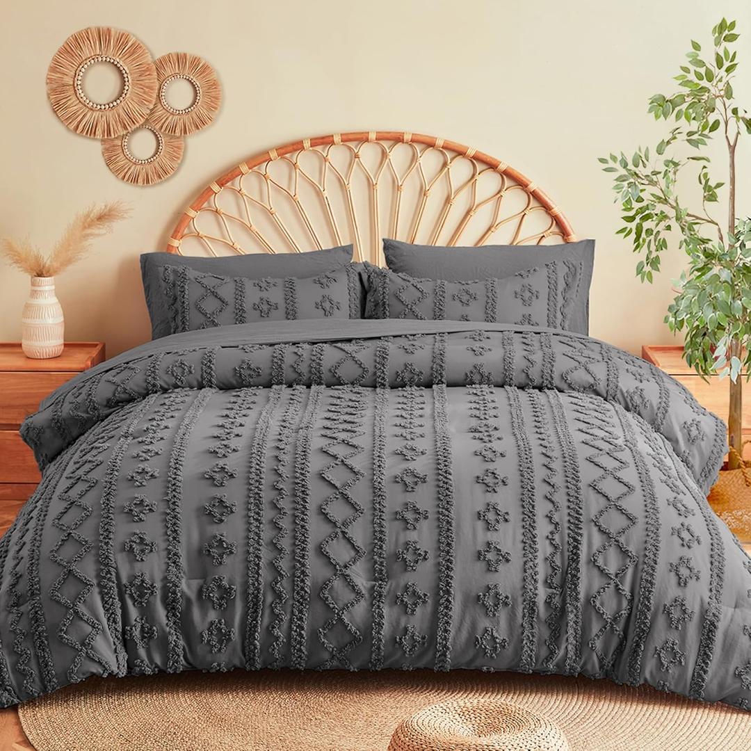 MR&HM Queen Comforter Set Dark Grey, 7 Pieces Tufted Boho Beddding Sets, Farmhouse Style Bed in a Bag with 1 Comforter, 2 Pillow Shams, 2 Pillowcases, 1 Flat Sheet, 1 Fitted Sheet for All Seasons