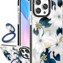 Boaretiu Cute Kawaii for iPhone 13 Pro Case with Stand - Fashion Cool 360° Rotate Ring Holder Kickstand Blue Flower Design for Women Girls Boys Teens Girly for iPhone 13 Pro Phone Case