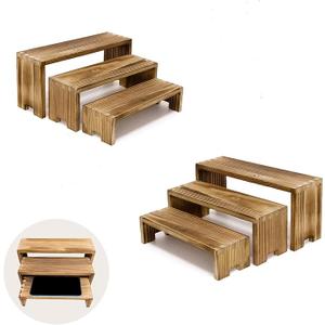 Display Riser Wood Risers Cupcake Stand 3 Tier Racks Decorative Rectangular, 2 Set 6 Piece Cologne Perfume Organizer Showcase Items(Nature Wood)