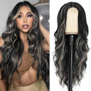 NAYOO Long Black Mixed Blonde Wavy Wig for Women 26 Inch Middle Part Curly Wavy Wig Natural Looking Synthetic Heat Resistant Fiber(Black Mixed Blonde)