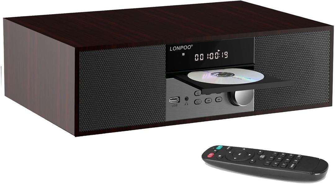 Compact System Micro HiFi System, CD Stereo System, 40 Watts RMS Music System with CD Player, FM Radio, Bluetooth, AUX-in, Headphone Output, DSP Tech, Clear Sounds and Rich Bass Sound, Brown