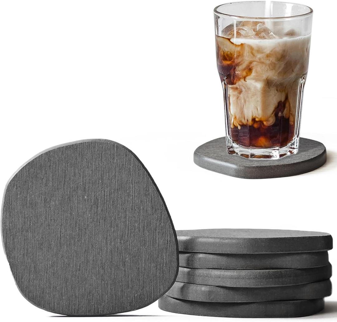 Diatomaceous Earth Coasters Set of 6 for Drinks, Moisture Water Absorbent Stone Coasters for Table Desk at Work, Water Absorbing Instant Drying Diatomite, Modern Deep Grey