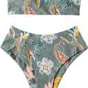 OMKAGI Women Bandeau Swimsuit Plant Floral Cheeky High Cut Thong Bikini Set(L, Green Floral-4405)